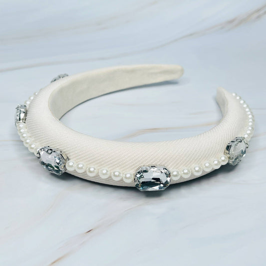 Pearls And Jewels Lined Headband: White