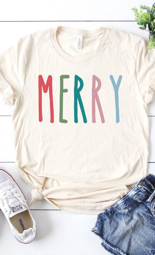 Colorful Merry Winter Holiday Graphic Tee: CREAM