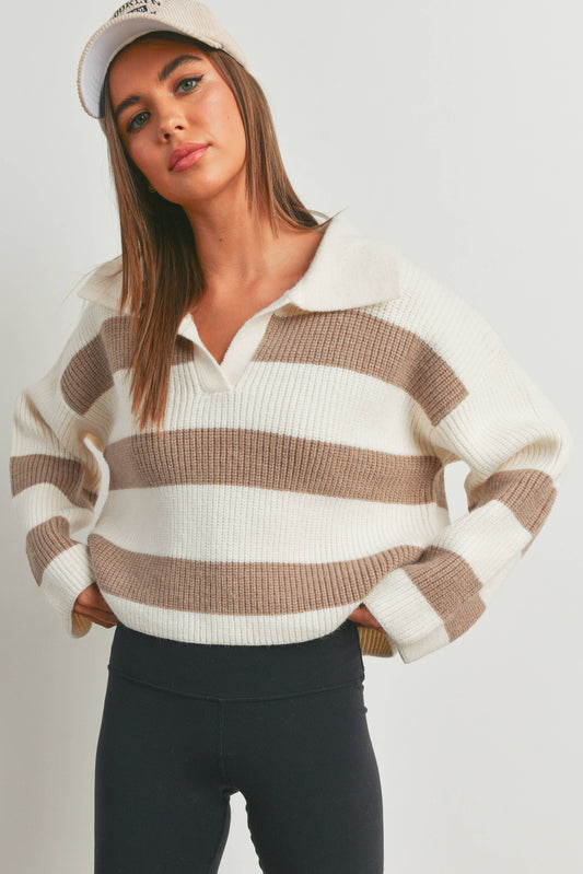 STRIPE DROP SHOULDER WITH WIDE COLLAR SWEATER - IVORY / TAUPE