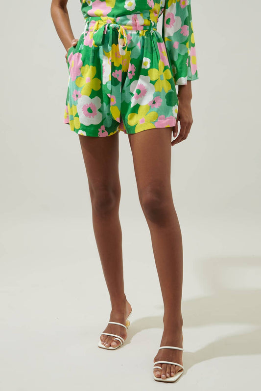 Wrenly Floral High Waisted Shorts: GREEN-YELLOW-MULTI