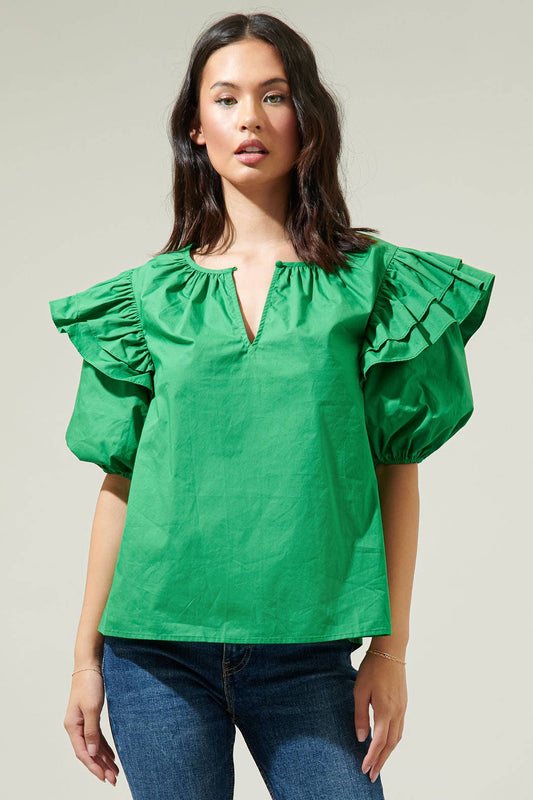 Flores Poplin Ruffle Short Sleeve Top: Kelly-Green