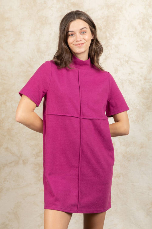 Mock Neck Front Seam Detail Mini Dress: MAGENTA