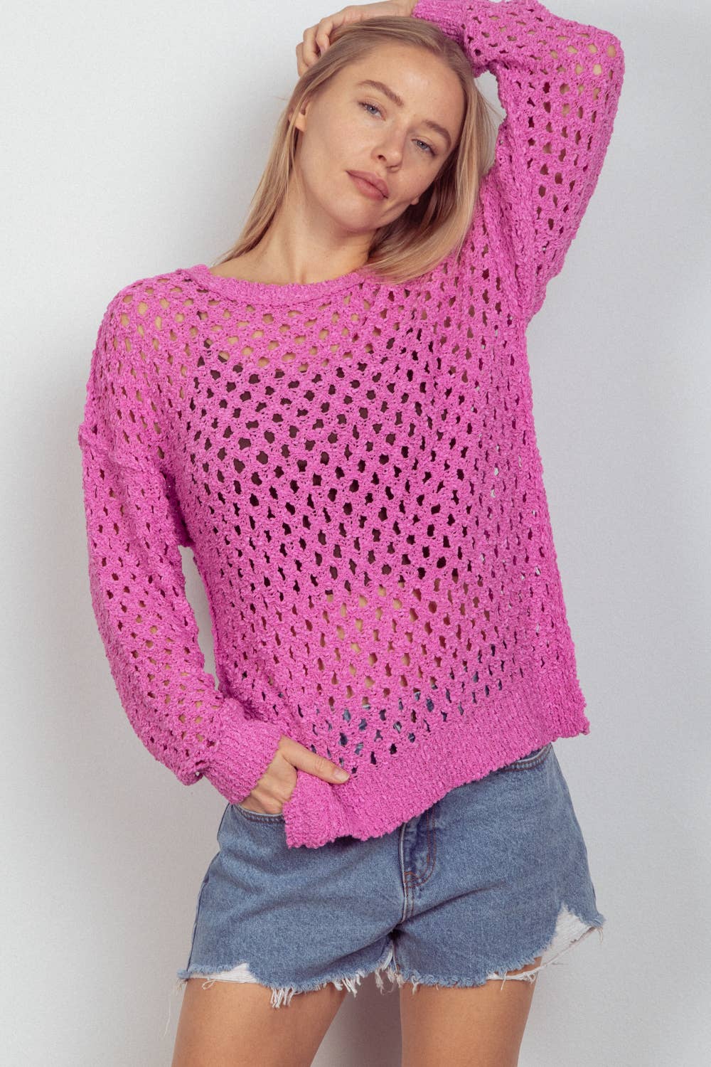 Oversized Tunic Hole Knit Sweater Top: Pink