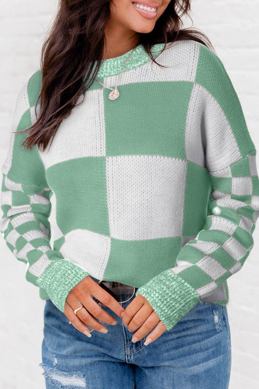 Checker Patchwork Drop Shoulder Sweater: 100%Acrylic / Mint Green