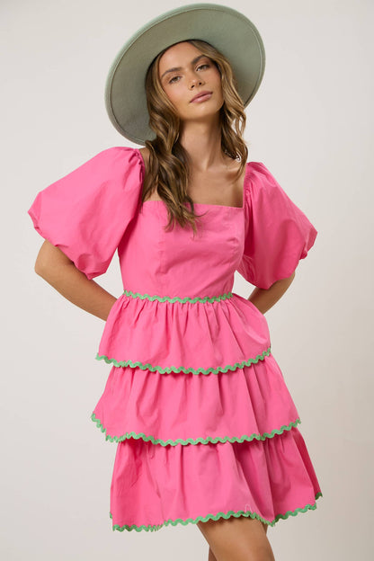 Reese Tiered Wave Trim Mini Dress: Hot Pink with green trim