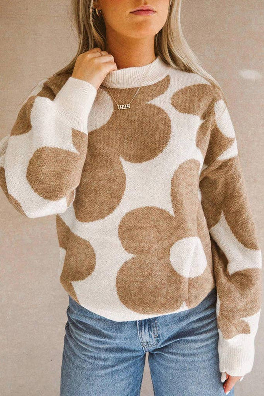 Big Flower Pattern Sweater: Khaki