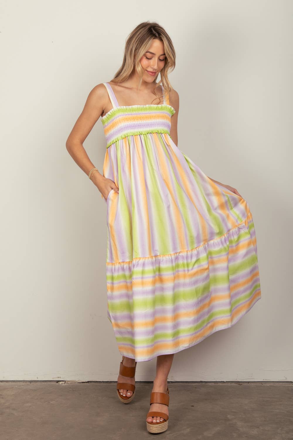 Multi Color Stripe Woven Midi Dress: MANGO COMBO / S-M-L