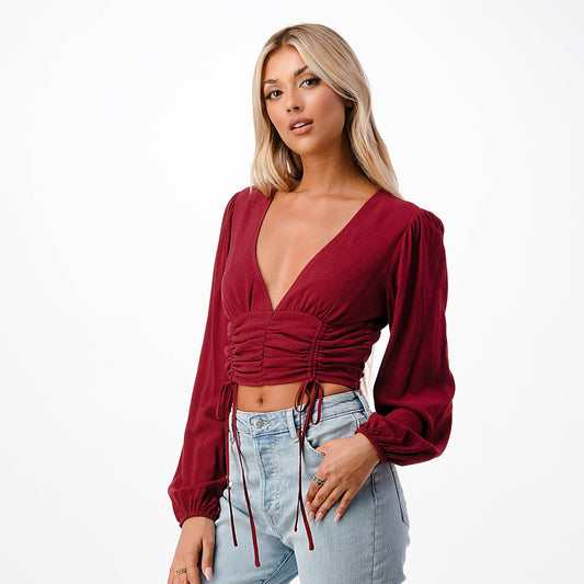 Ruched Long Sleeve Crop Top: BURGUNDY