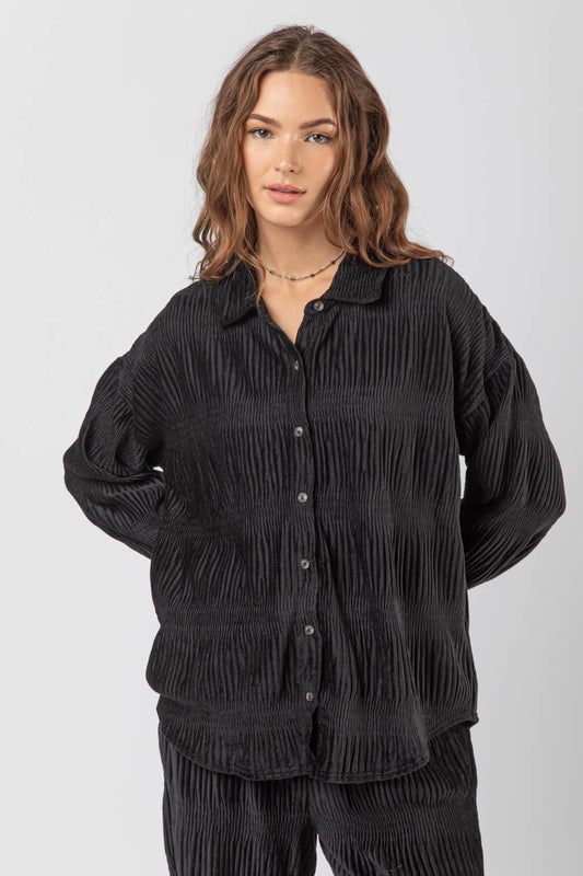 Crinkled Soft Velvet Oversized Shirt/ Black