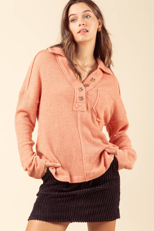 Textured Knit Collared Oversized Henley Top: BLUSH