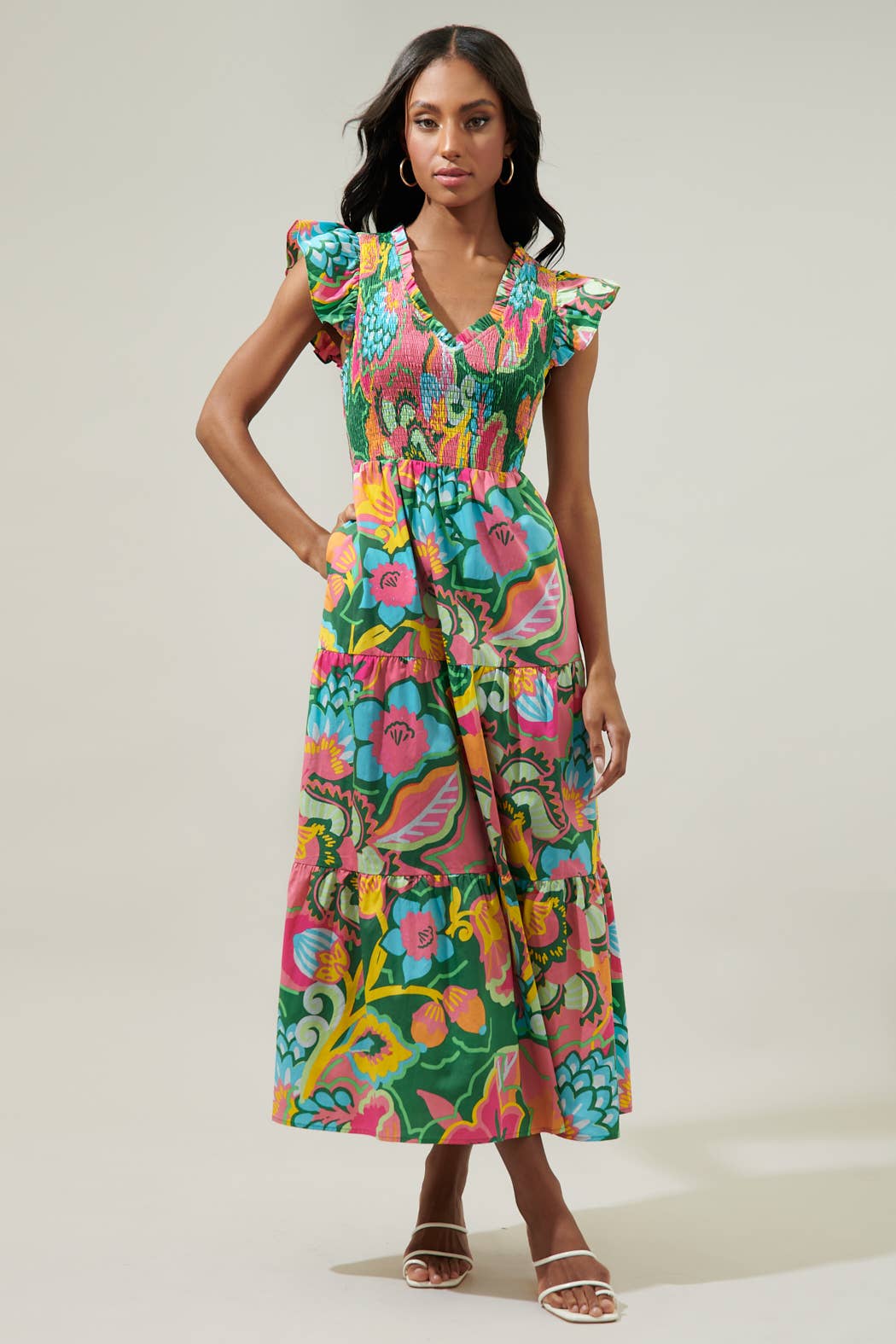 Lanai Multi Tropics Sunfire Smocked Bodice Tiered Midi Dress: KELLY-PINK-MULTI