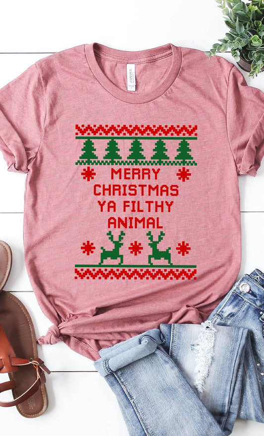 Merry Christmas Ya Filthy Animal Graphic Tee: HEATHER MAUVE