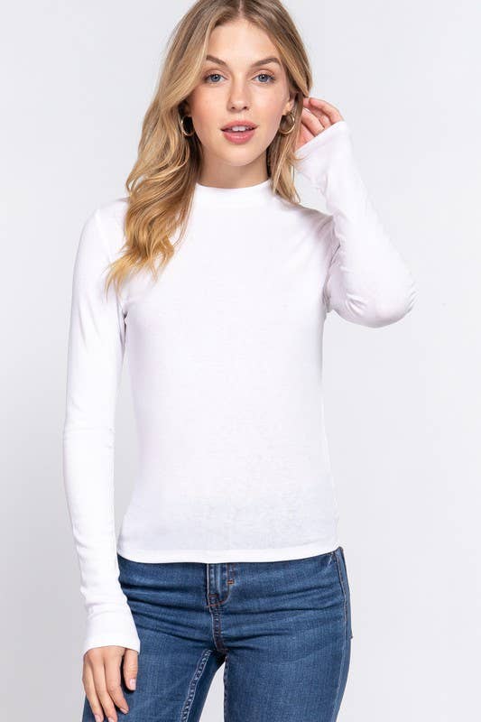 Long Sleeve Mock Neck Rib Knit Top: OFF WHITE