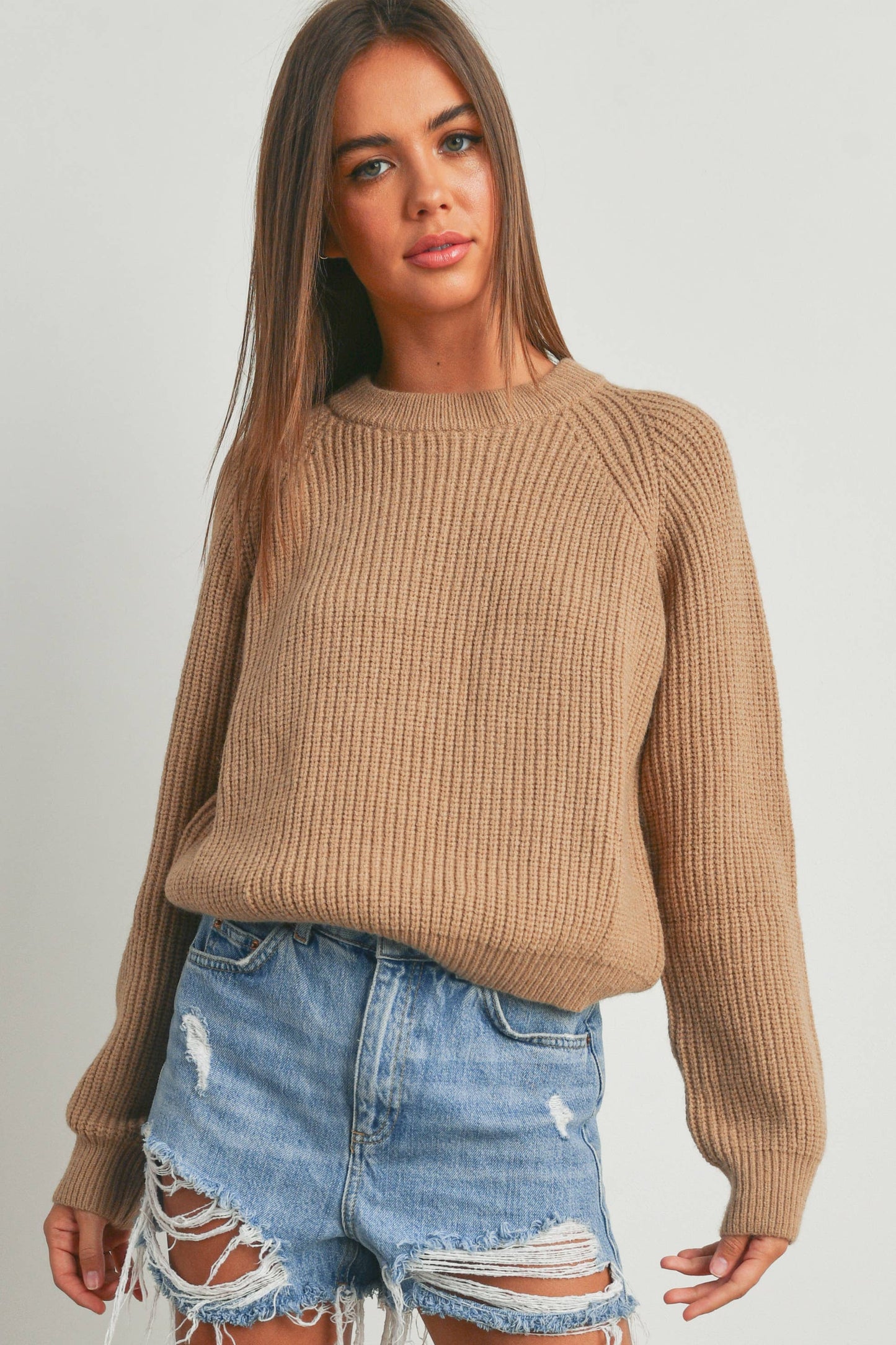 ROUND NECK WITH RAGLAN LONG-SLEEVE SWEATER - TAUPE