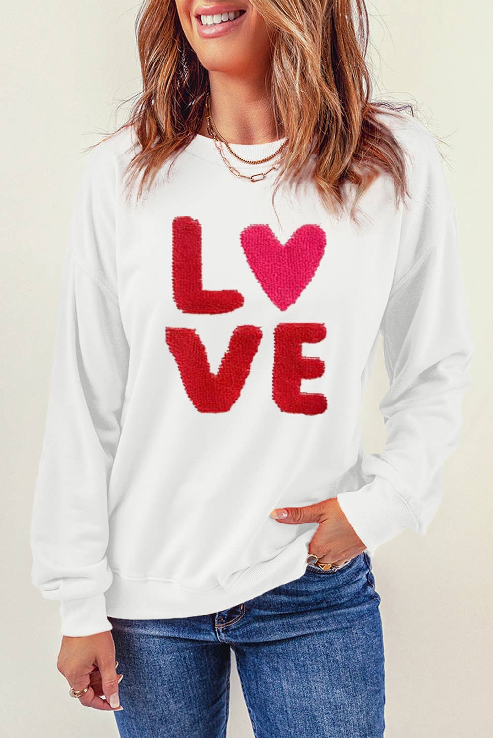 LOVE Patched Graphic Valentines Sweatshirt: White